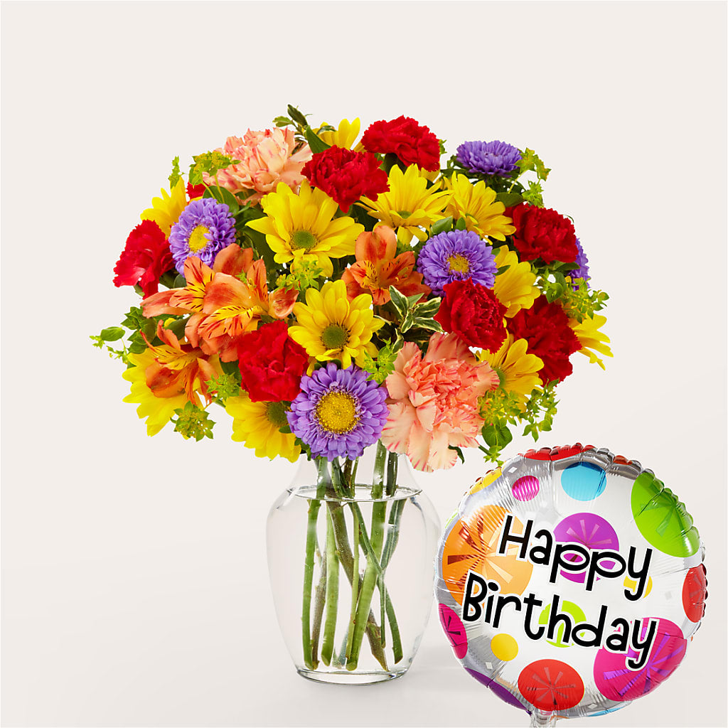 Kaleidoscope Bouquet with Birthday Balloon – Guru Flowers, Port Saint Lucie FL