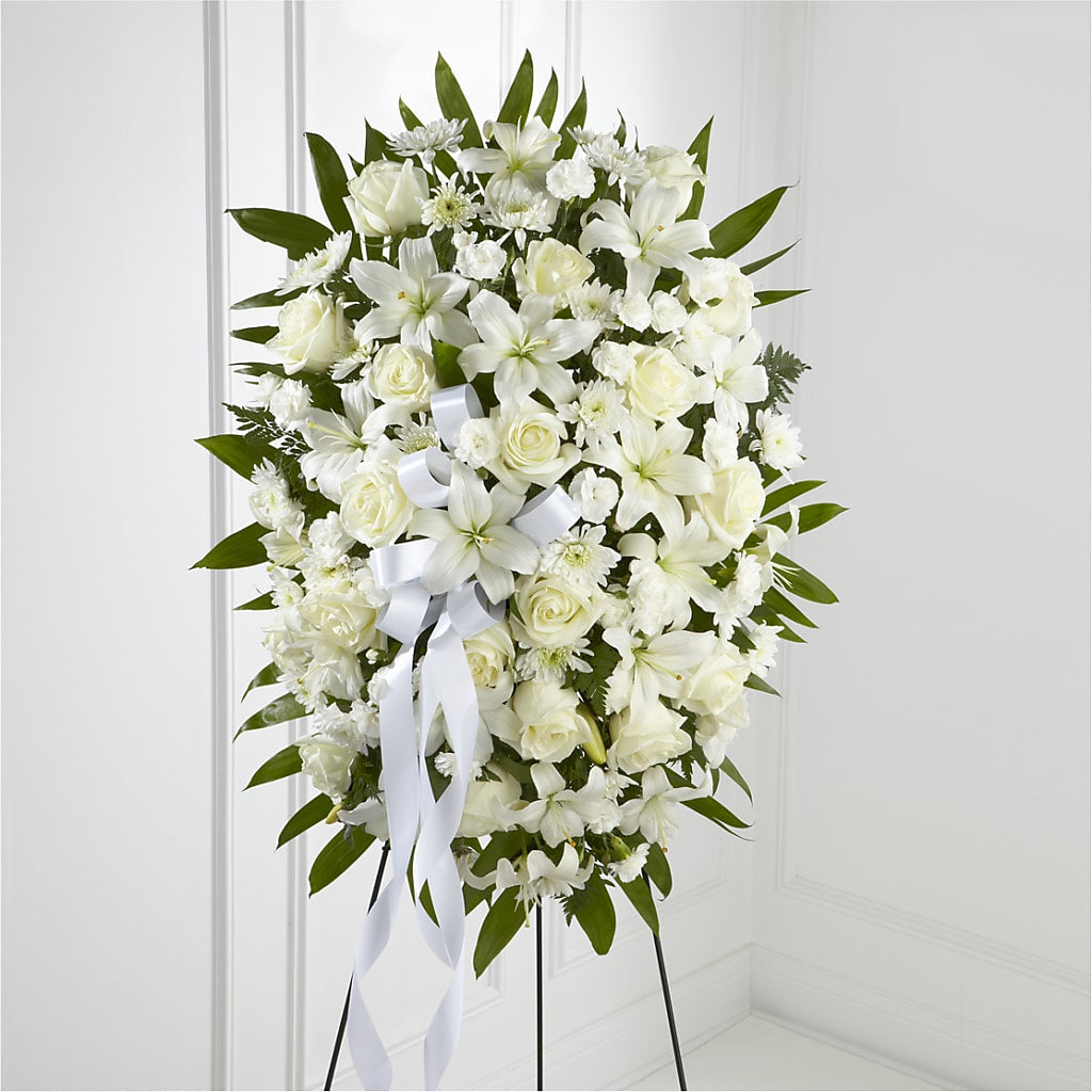 Exquisite Tribute Standing Spray-White Ribbon – Guru Flowers, Port Saint Lucie FL