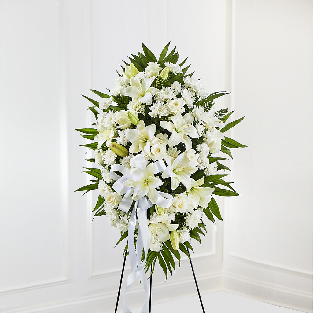 Exquisite Tribute Standing Spray-White Ribbon – Guru Flowers, Port Saint Lucie FL