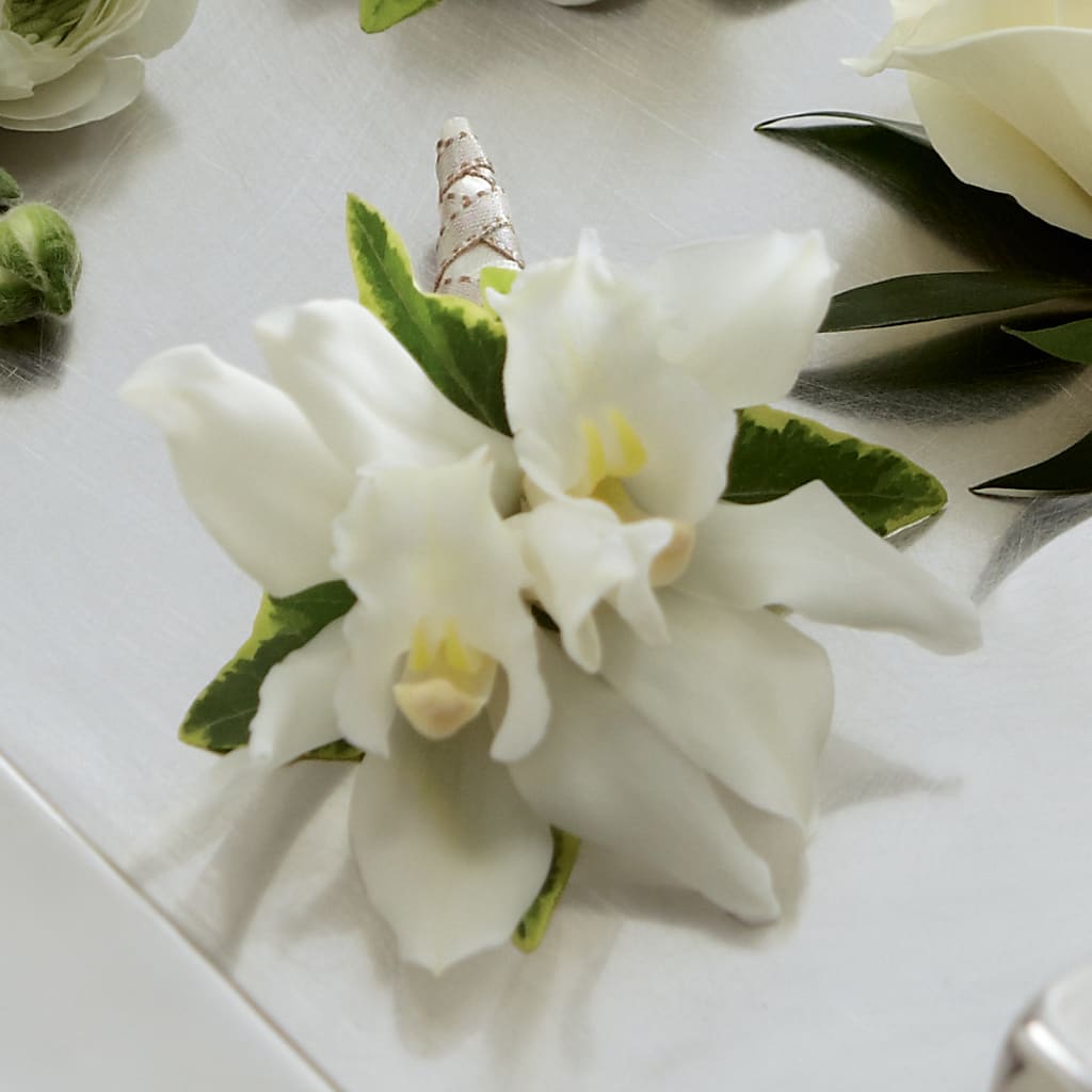 White Mini Cymbidium Boutonniere – Guru Flowers, Port Saint Lucie FL